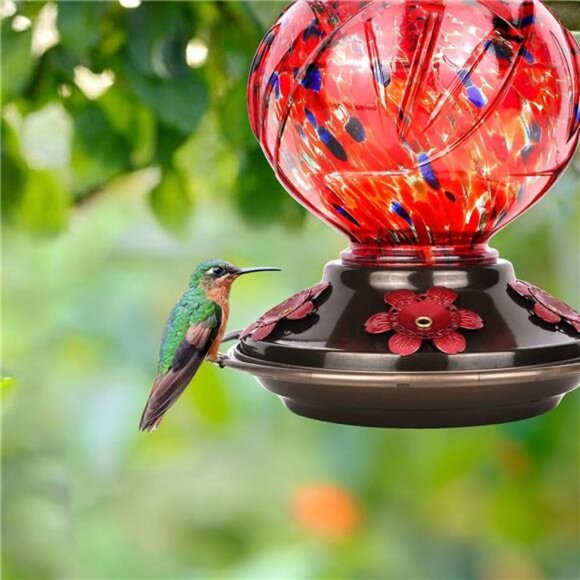 Hummingbird Feeder, Hand Blown Glass Hummingbird Feeders for Outdoors Hanging - Picture 3 of 7
